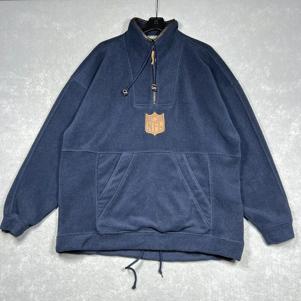 VTG NFL Sweatshirt Mens XL Navy 1/4 Zip Embroidered Fleece Plaid Lined Sweater